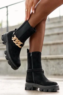 Zamszowe Botki Damskie Z Łańcuchem Czarne Nemette