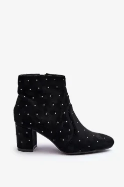Zamszowe Botki Damskie Zdobione Ćwiekami Czarne Antede