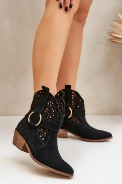 Zamszowe Botki Kowbojki Ażurowe Na Obcasie Zazoo 2994 Czarne