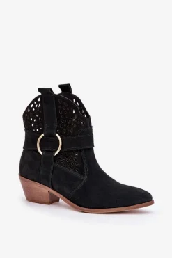Zamszowe Botki Kowbojki Ażurowe Na Obcasie Zazoo 2994 Czarne