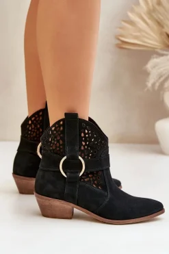 Zamszowe Botki Kowbojki Ażurowe Na Obcasie Zazoo 2994 Czarne