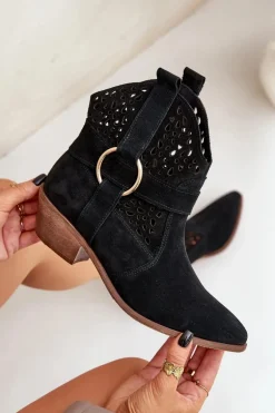 Zamszowe Botki Kowbojki Ażurowe Na Obcasie Zazoo 2994 Czarne