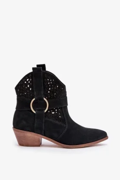 Zamszowe Botki Kowbojki Ażurowe Na Obcasie Zazoo 2994 Czarne