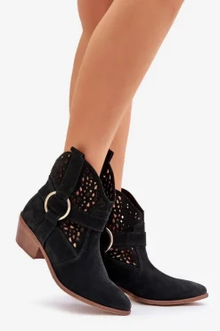 Zamszowe Botki Kowbojki Ażurowe Na Obcasie Zazoo 2994 Czarne