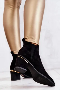 Zamszowe Botki Kowbojki Ażurowe Czarne Helloni