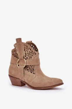 Zamszowe Botki Kowbojki Ażurowe Na Obcasie Zazoo 2994 Beżowe