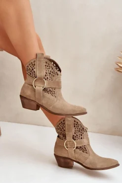 Zamszowe Botki Kowbojki Ażurowe Na Obcasie Zazoo 2994 Beżowe