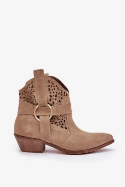Zamszowe Botki Kowbojki Ażurowe Na Obcasie Zazoo 2994 Beżowe