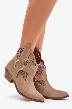 Zamszowe Botki Kowbojki Ażurowe Na Obcasie Zazoo 2994 Beżowe