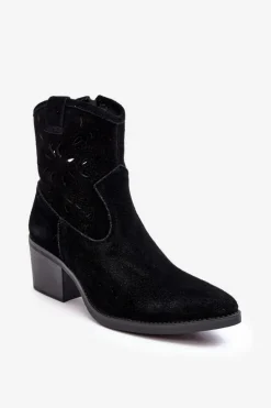 Zamszowe Botki Kowbojki Ażurowe D&A SN622-20 Czarne