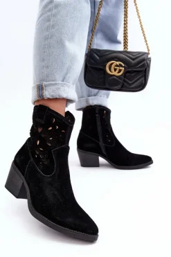 Zamszowe Botki Kowbojki Ażurowe D&A SN622-20 Czarne