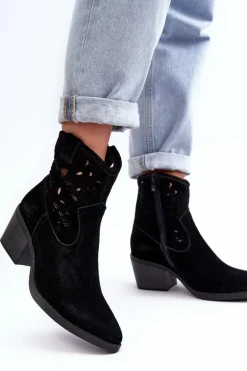 Zamszowe Botki Kowbojki Ażurowe D&A SN622-20 Czarne