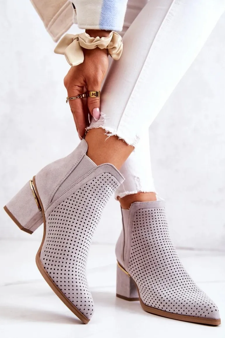 Zamszowe Botki Kowbojki Ażurowe Szare Helloni