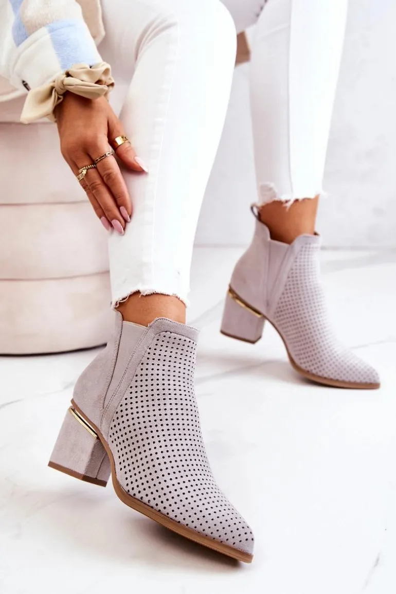 Zamszowe Botki Kowbojki Ażurowe Szare Helloni