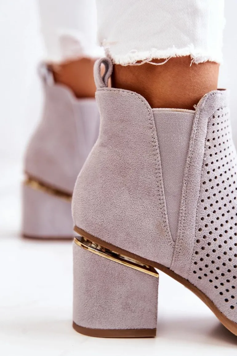 Zamszowe Botki Kowbojki Ażurowe Szare Helloni