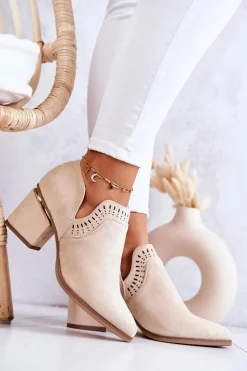 Zamszowe Botki Kowbojki Ażurowe Beżowe Valerie