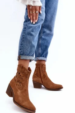 Zamszowe Botki Kowbojki Ażurowe D&A SN622-20 Camel