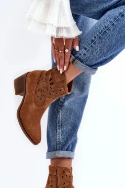 Zamszowe Botki Kowbojki Ażurowe D&A SN622-20 Camel