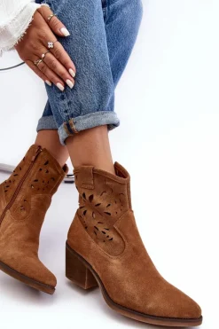Zamszowe Botki Kowbojki Ażurowe D&A SN622-20 Camel