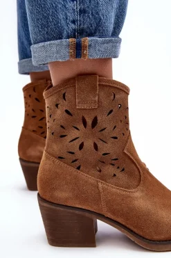 Zamszowe Botki Kowbojki Ażurowe D&A SN622-20 Camel