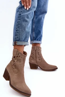 Zamszowe Botki Kowbojki Ażurowe D&A SN622-20 Ciemnobeżowe