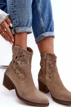 Zamszowe Botki Kowbojki Ażurowe D&A SN622-20 Ciemnobeżowe