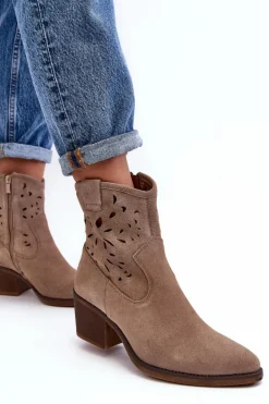 Zamszowe Botki Kowbojki Ażurowe D&A SN622-20 Ciemnobeżowe
