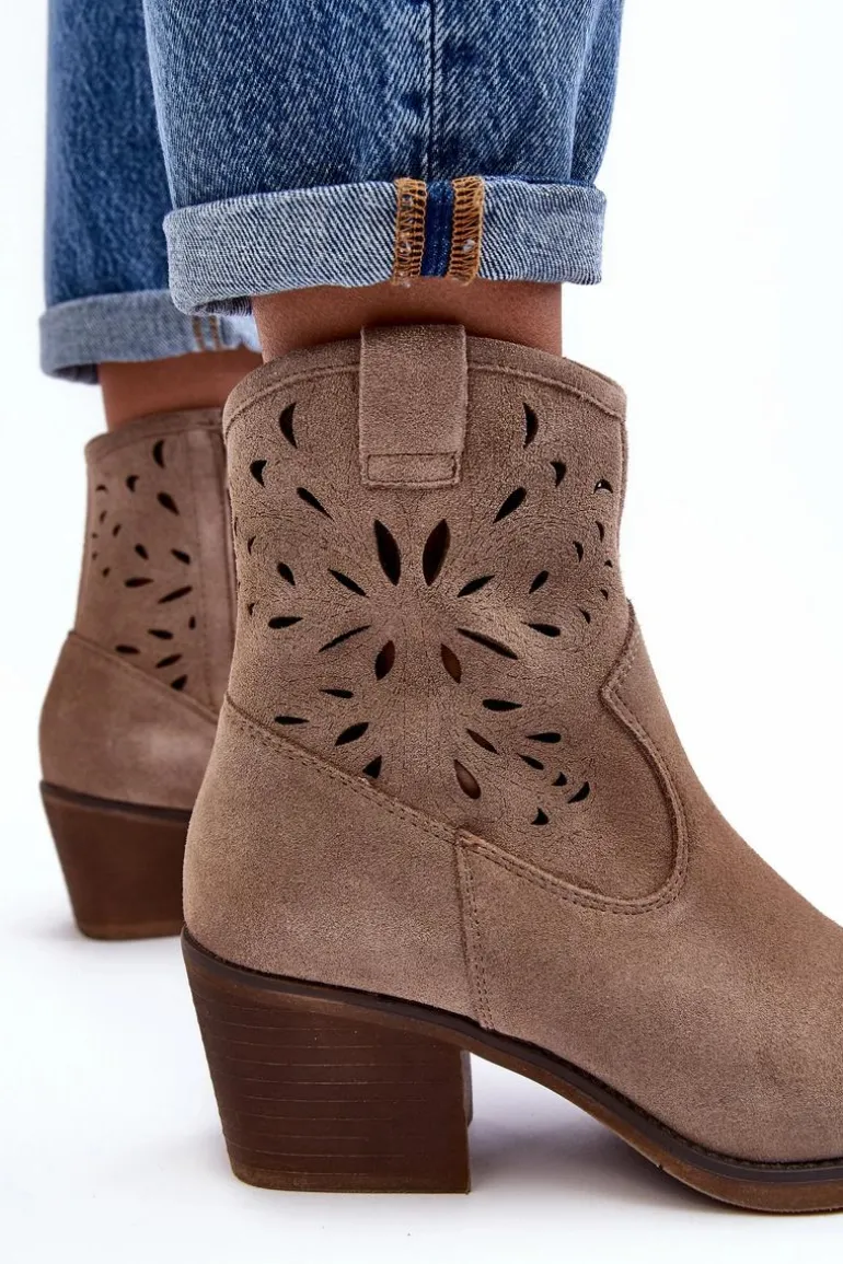 Zamszowe Botki Kowbojki Ażurowe D&A SN622-20 Ciemnobeżowe