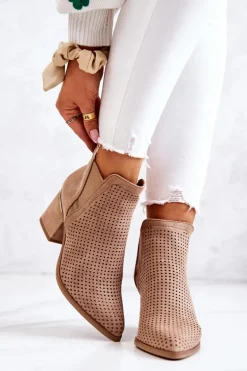 Zamszowe Botki Kowbojki Ażurowe Ciemnobeżowe Helloni