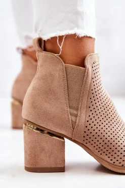 Zamszowe Botki Kowbojki Ażurowe Ciemnobeżowe Helloni