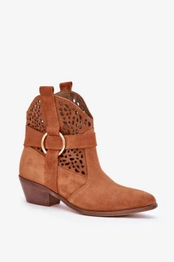 Zamszowe Botki Kowbojki Ażurowe Na Obcasie Zazoo 2994 Camel