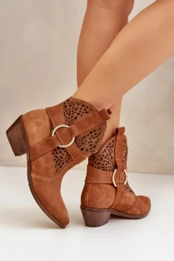Zamszowe Botki Kowbojki Ażurowe Na Obcasie Zazoo 2994 Camel