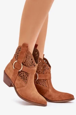 Zamszowe Botki Kowbojki Ażurowe Na Obcasie Zazoo 2994 Camel