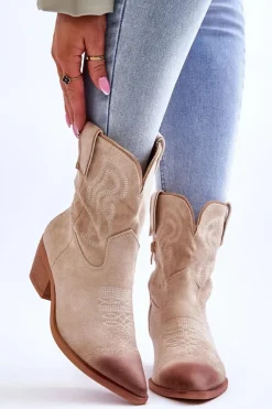 Zamszowe Botki Kowbojki Beżowe Klaira