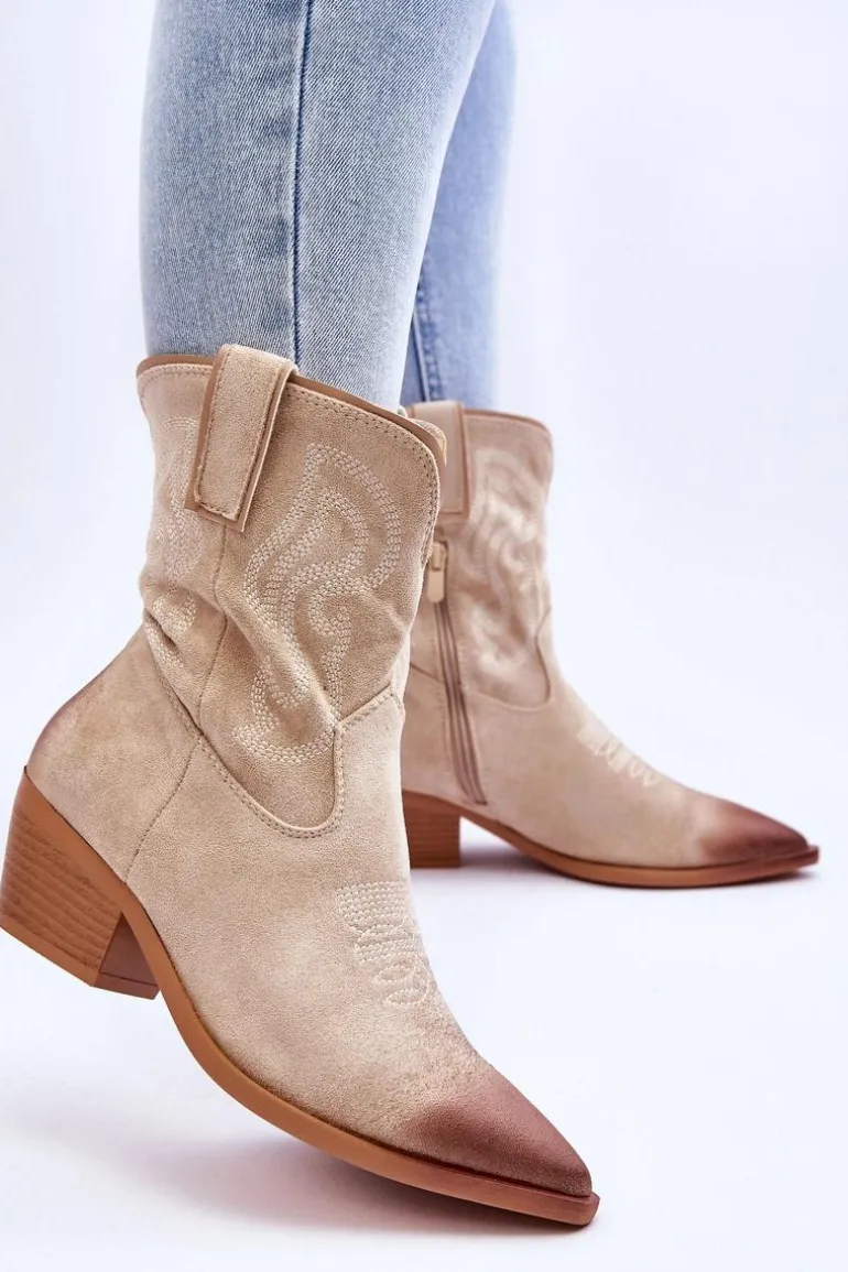 Zamszowe Botki Kowbojki Beżowe Klaira