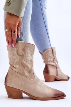 Zamszowe Botki Kowbojki Beżowe Klaira