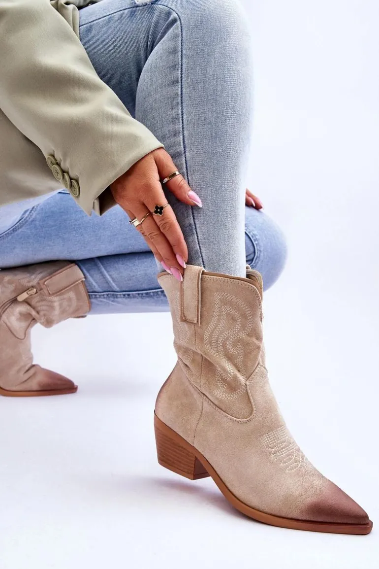Zamszowe Botki Kowbojki Beżowe Klaira