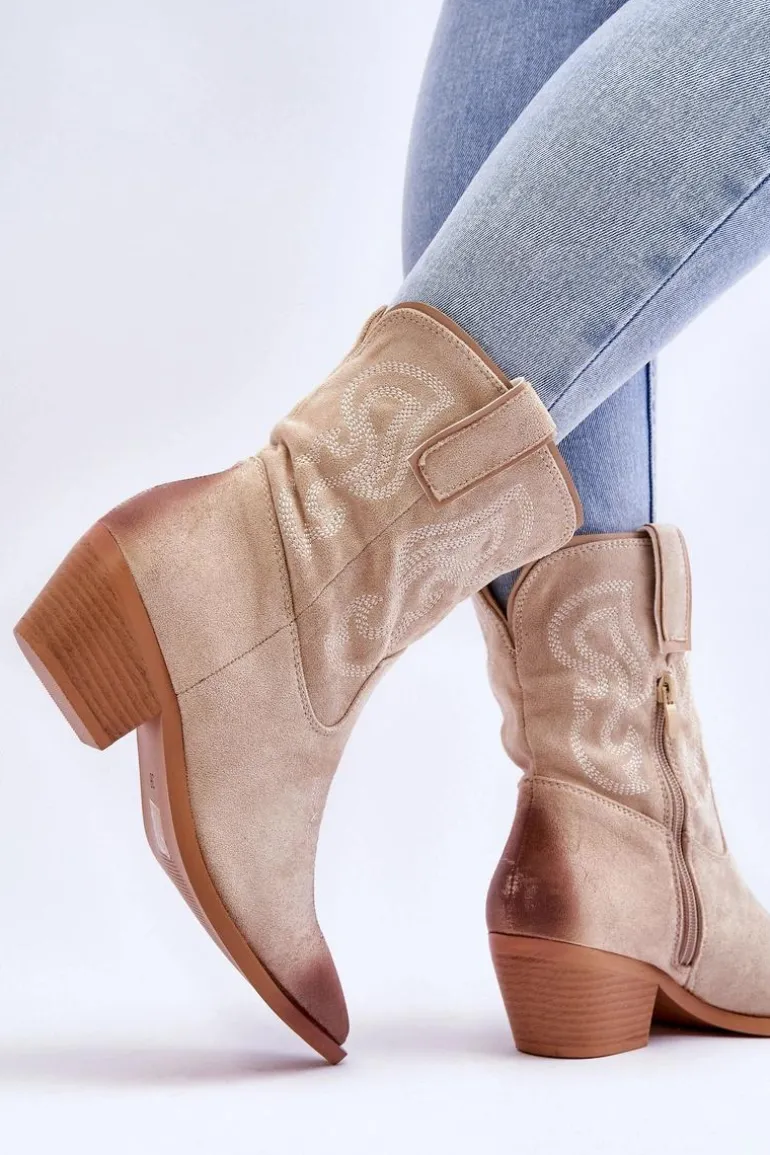 Zamszowe Botki Kowbojki Beżowe Klaira
