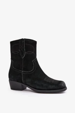 Zamszowe Botki Kowbojki Damskie Na Niskim Obcasie Ocieplane Sergio Leone BT284-S Czarne
