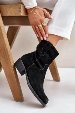 Zamszowe Botki Kowbojki Damskie Na Niskim Obcasie Ocieplane Sergio Leone BT284-S Czarne