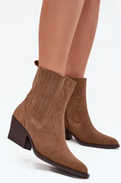 Zamszowe Botki Kowbojki Damskie Na Słupku Ocieplane Camel Dylira