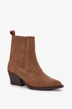 Zamszowe Botki Kowbojki Damskie Na Słupku Ocieplane Camel Dylira