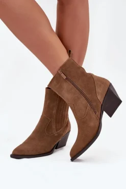 Zamszowe Botki Kowbojki Damskie Na Słupku Ocieplane Camel Dylira