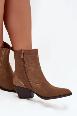 Zamszowe Botki Kowbojki Damskie Na Słupku Ocieplane Camel Dylira