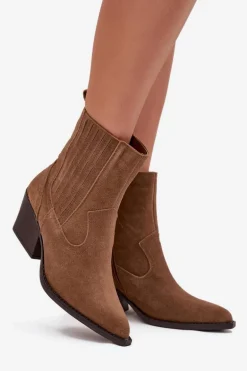 Zamszowe Botki Kowbojki Damskie Na Słupku Ocieplane Camel Dylira