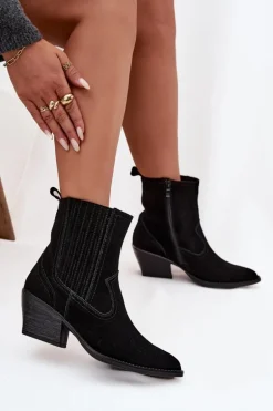 Zamszowe Botki Kowbojki Damskie Na Słupku Ocieplane Czarne Dylira