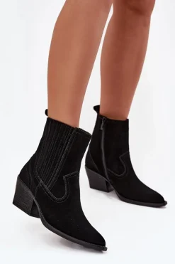 Zamszowe Botki Kowbojki Damskie Na Słupku Ocieplane Czarne Dylira