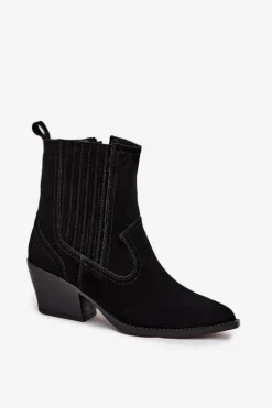 Zamszowe Botki Kowbojki Damskie Na Słupku Ocieplane Czarne Dylira