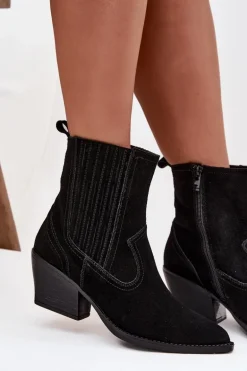 Zamszowe Botki Kowbojki Damskie Na Słupku Ocieplane Czarne Dylira