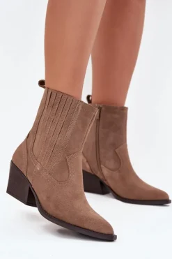 Zamszowe Botki Kowbojki Damskie Na Słupku Ocieplane Khaki Dylira